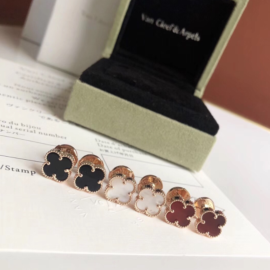 Van Cleef & Arpels Alhambra Earrings Rose Gold Black White Red Enamel