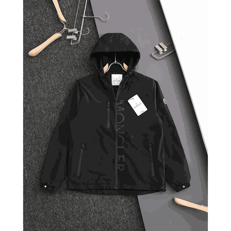 Moncler Black Hooded Jacket with Logo Print