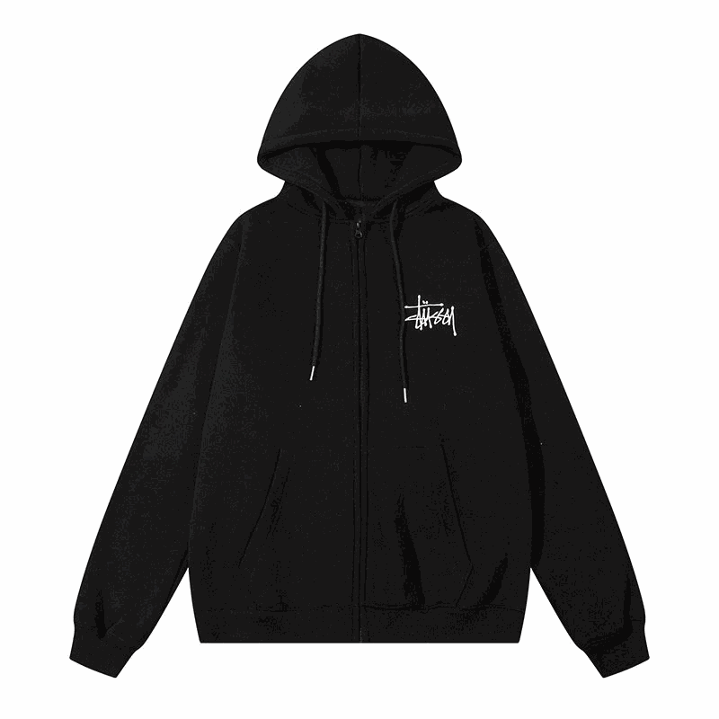 Stussy Black Zip-Up Hoodie Men's Streetwear Sweatshirt