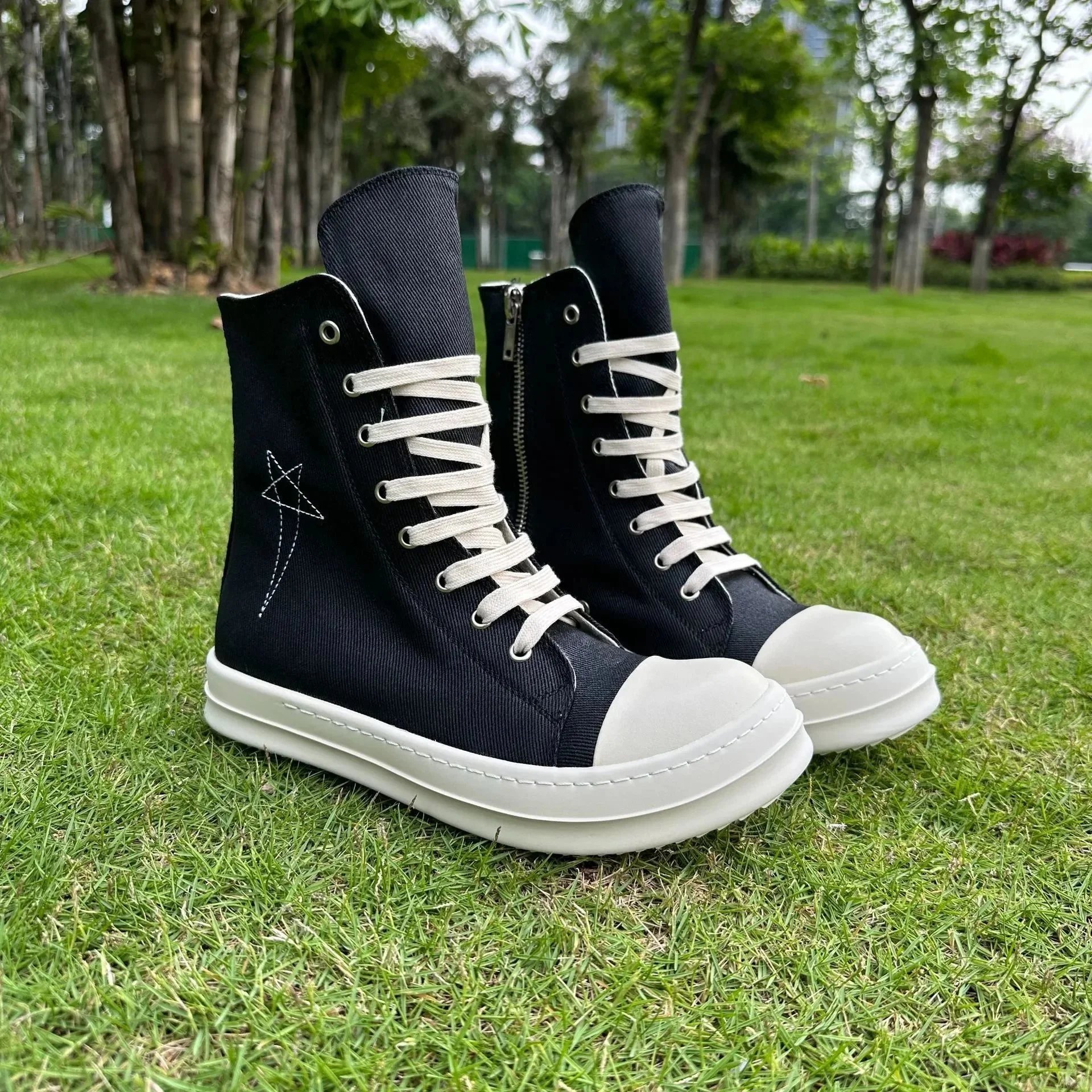 Black High Top Canvas Sneakers with White Laces and Star Logo