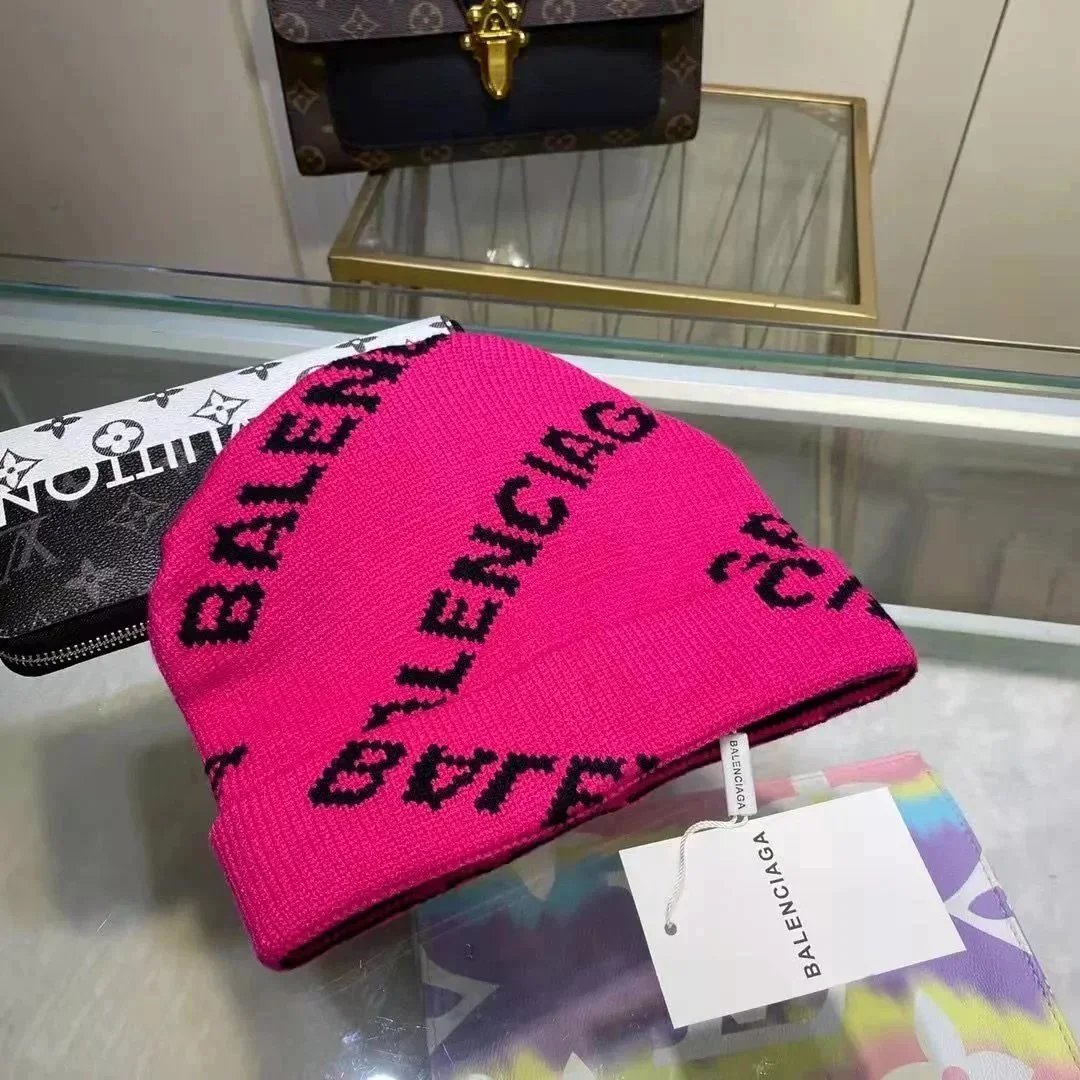 Balenciaga Pink Logo Knit Beanie Hat
