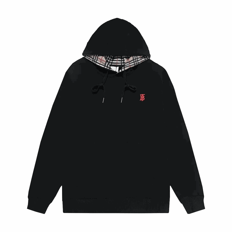 Black Hoodie with Check Lining and Monogram Logo