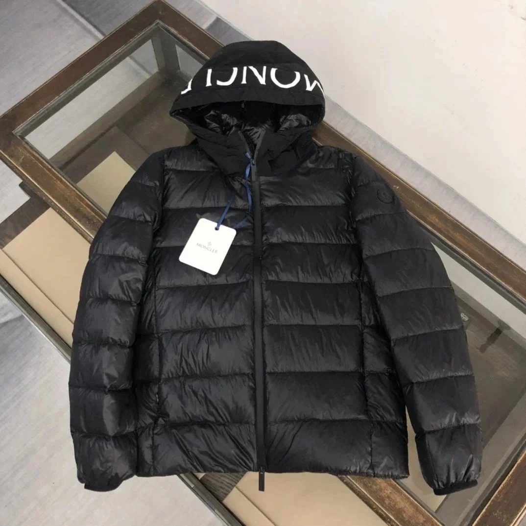 Moncler Black Hooded Down Jacket with Logo Print