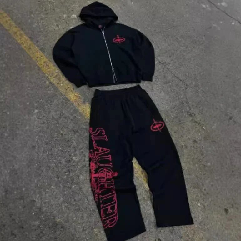 Black Slayer Hoodie and Pants Set with Red Logo