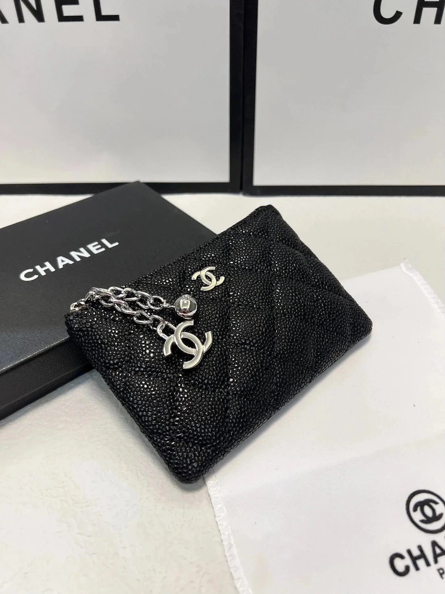 Chanel Black Quilted Shagreen Clutch with Silver CC Logo Chain