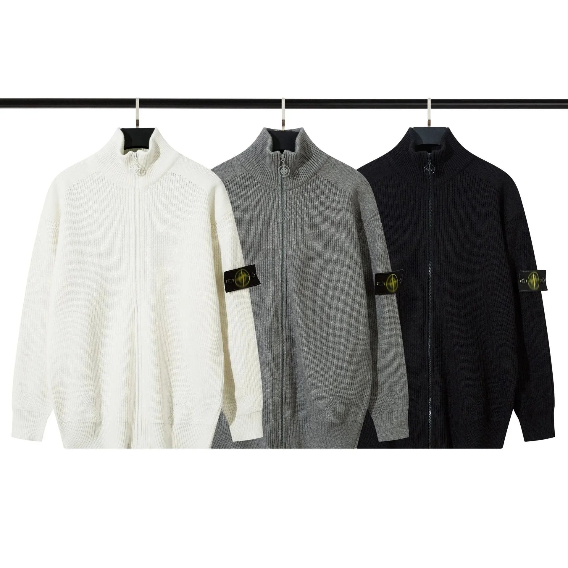 Stone Island Zip-Up Knit Sweater in White Gray Black