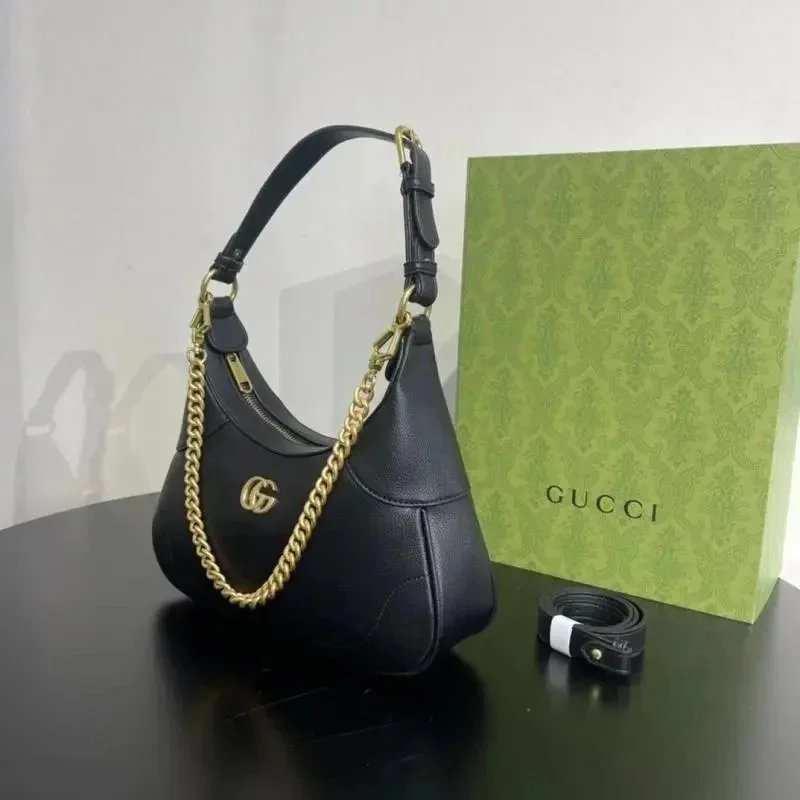 Gucci Black Leather Hobo Bag with Gold Chain Strap