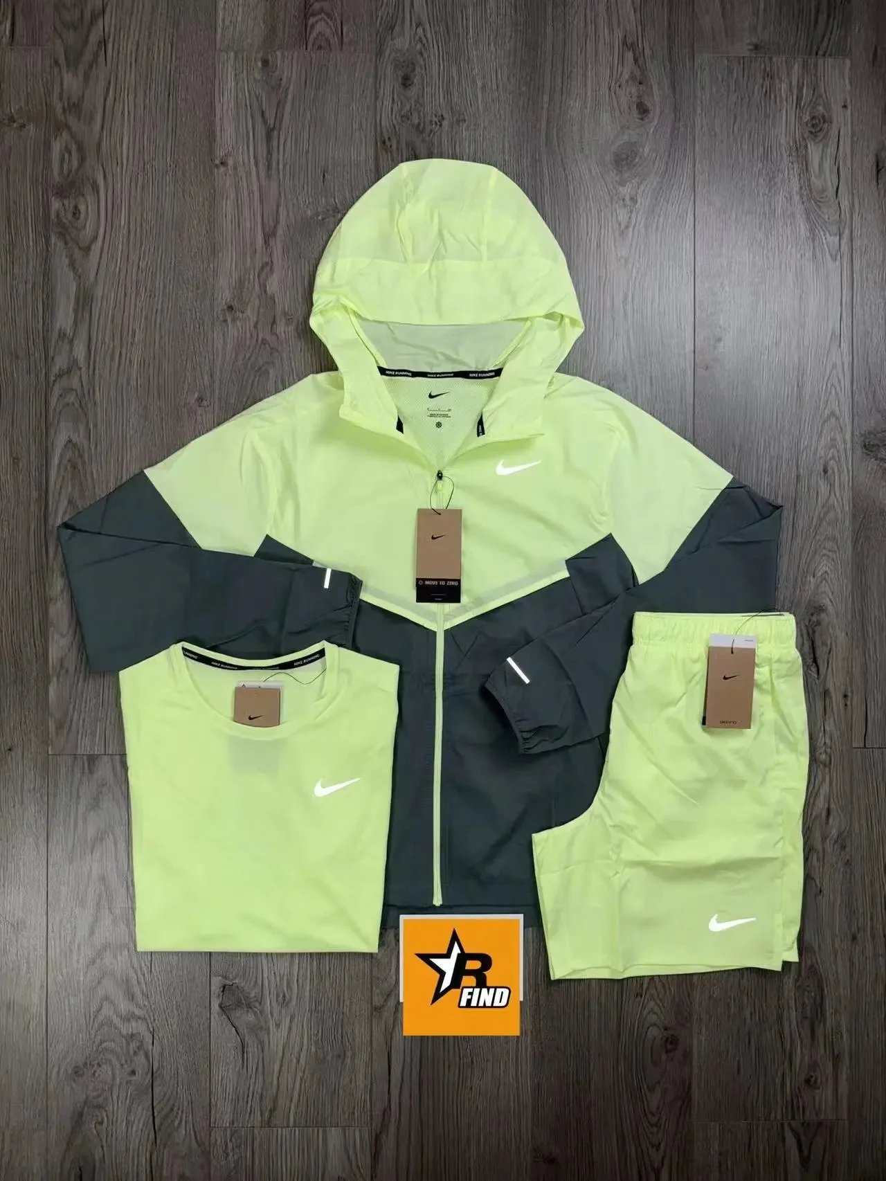 Nike Running Jacket T-Shirt Shorts Set Neon Green Black