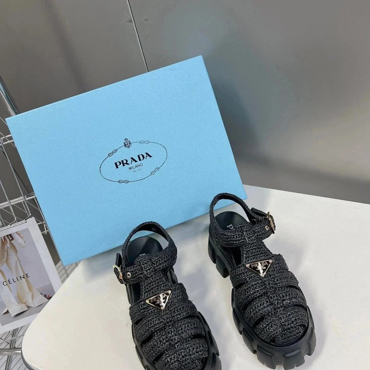 Prada Black Woven Strap Platform Sandals