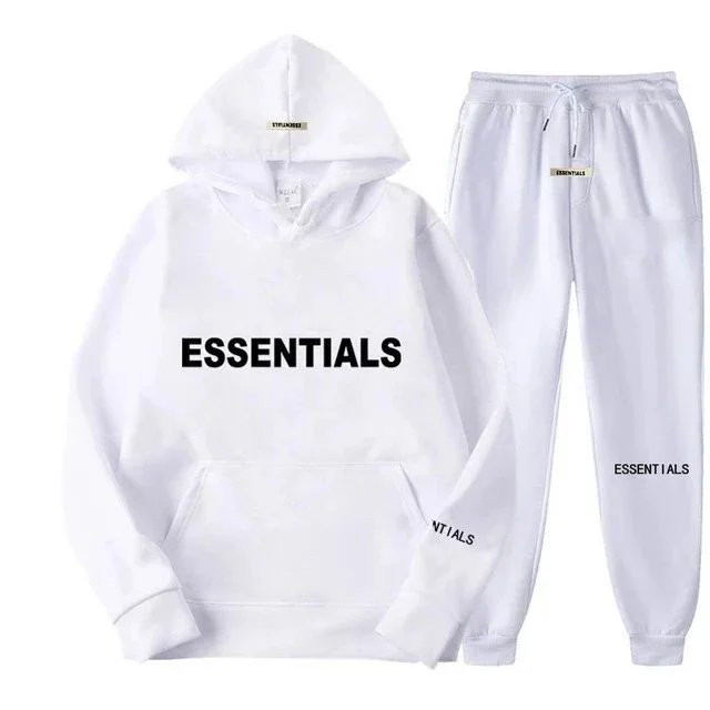 White Essentials Hoodie and Sweatpants Set for Men Women