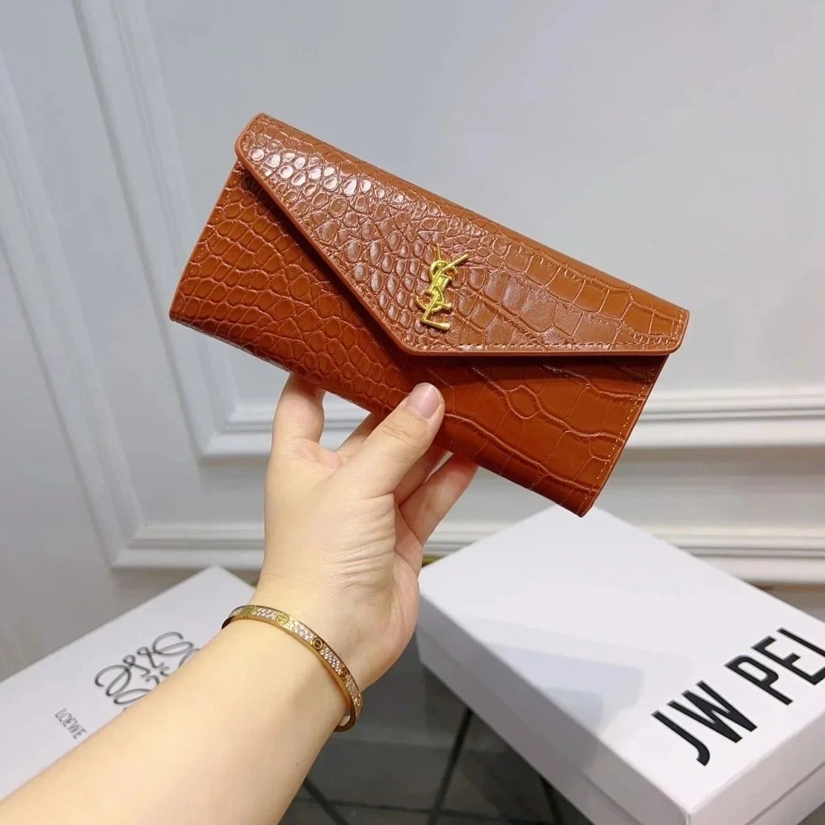 YSL Crocodile Pattern Clutch Wallet Brown Leather Women's Handbag