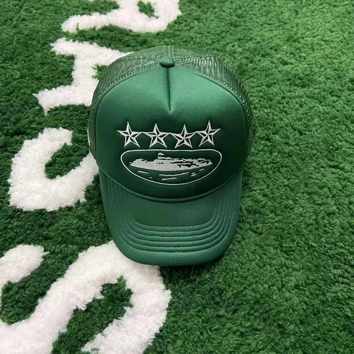 Green Trucker Hat with Ship and Stars Embroidery