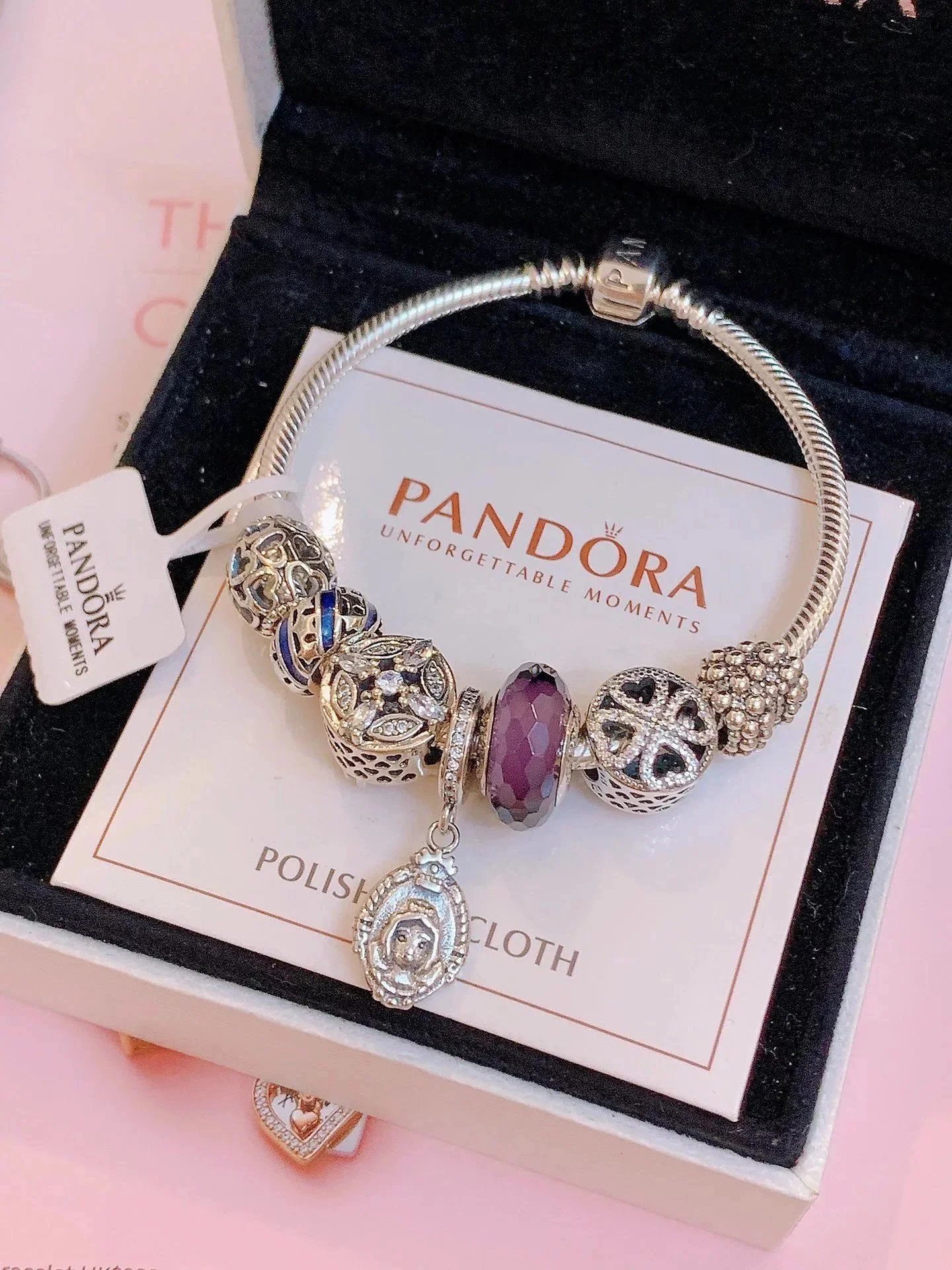Pandora Silver Charm Bracelet with Purple Gem and Elegant Charms