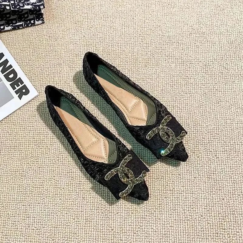 Black Embellished Flat Shoes with CC Logo for Women