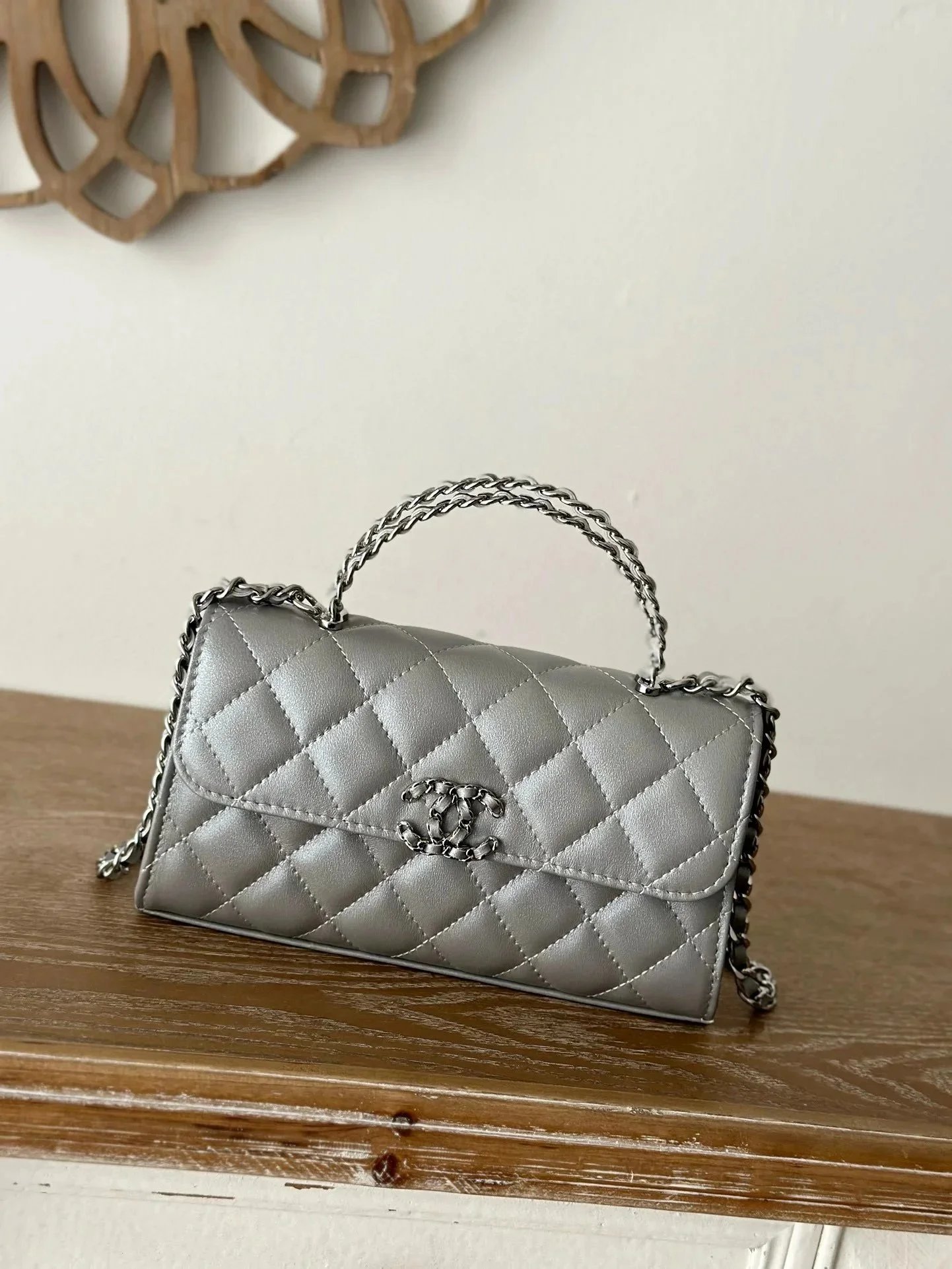 Chanel Silver Quilted Leather Handbag with Chain Handle