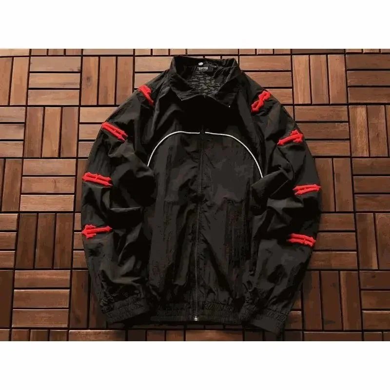 Black Track Jacket with Red Accents and White Zipper