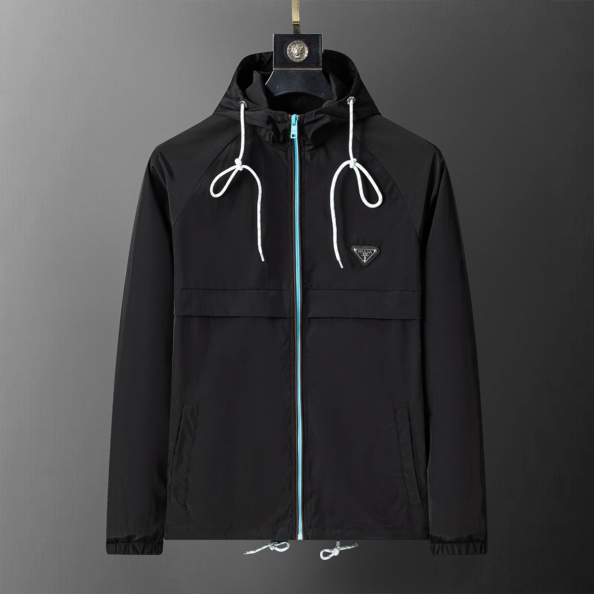 Men's Black Windbreaker Jacket with Hood and Zipper