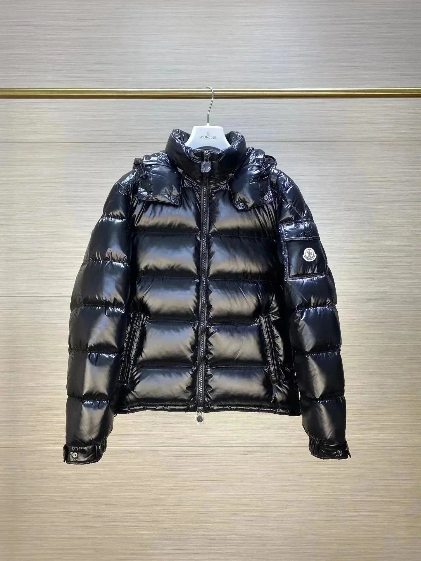 Moncler Black Down Jacket with Hood and Logo Patch