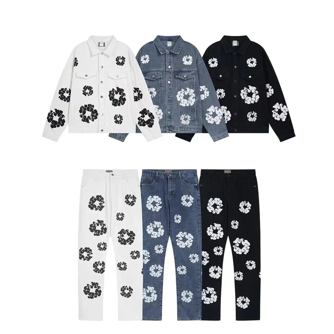 Floral Pattern Denim Jacket and Pants Set