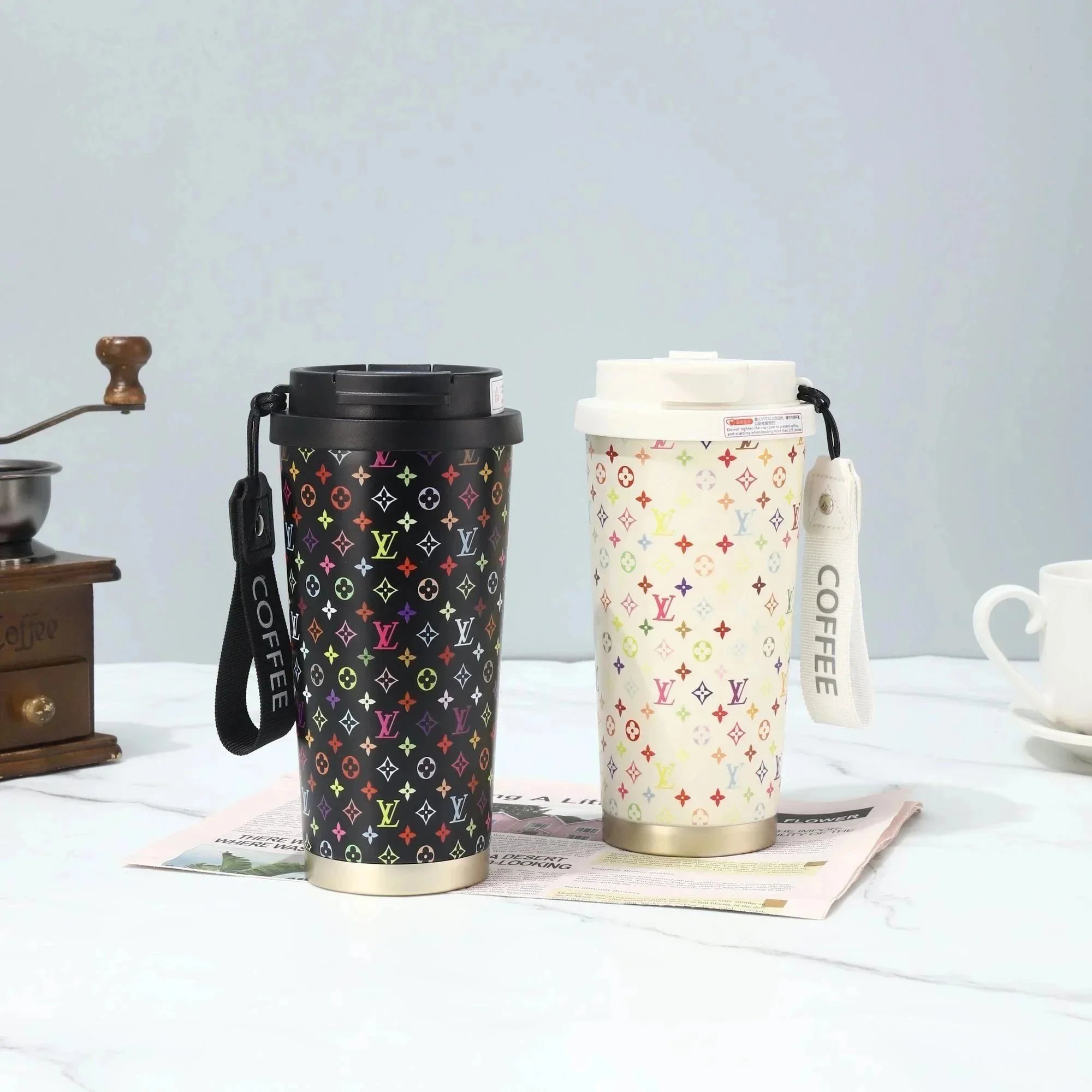 LV Monogram Stainless Steel Travel Coffee Mug with Lid and Strap
