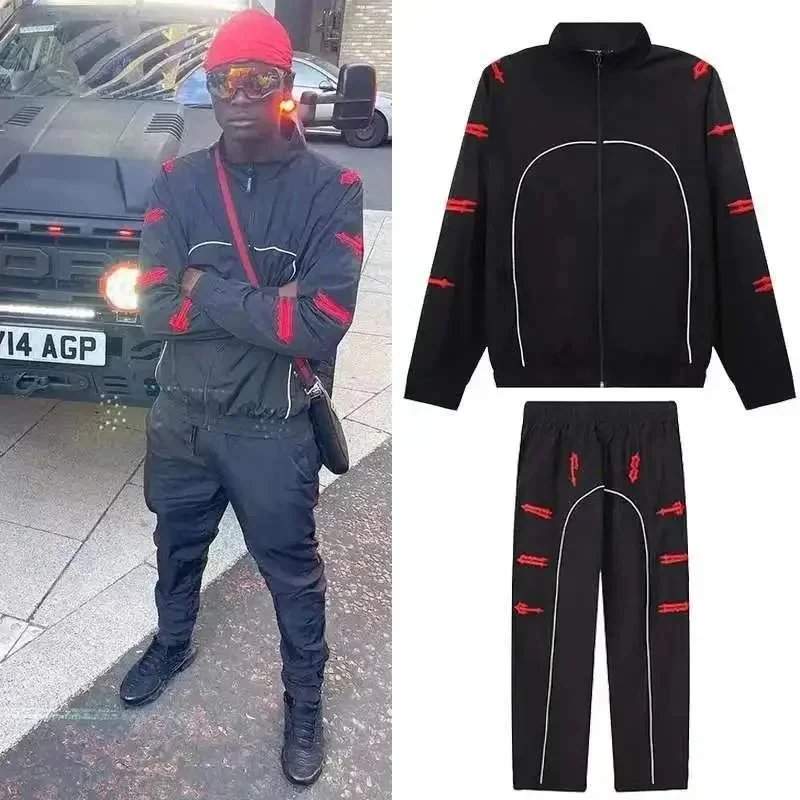 Black Red Stripe Tracksuit Men Sportswear Set Jacket Pants