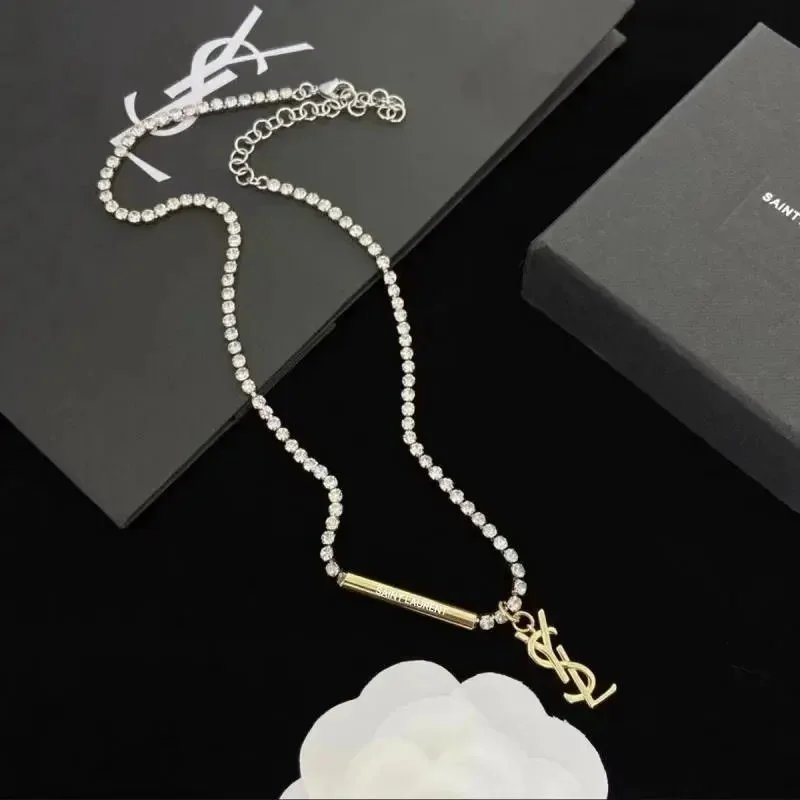 Saint Laurent Crystal Pendant Necklace with YSL Logo Charm