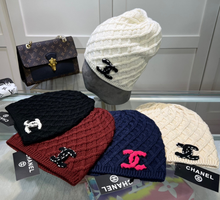 CHANEL Knit Beanie Hat with CC Logo in Multiple Colors