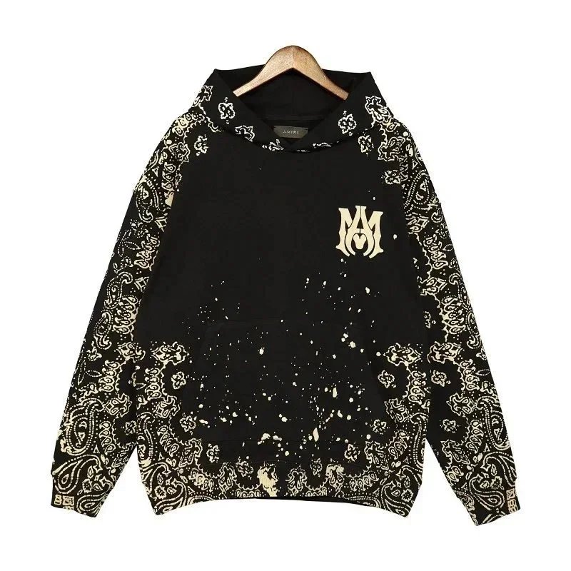 AMIRI Black Gold Logo Hoodie with Bandana Print