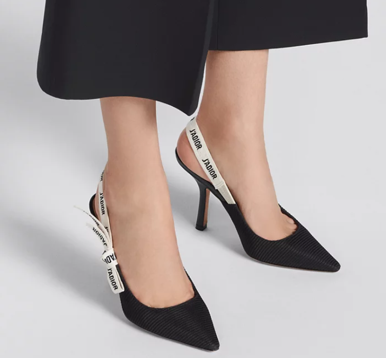 J'ADIOR Black Pointed Toe Slingback Heels with Logo Strap