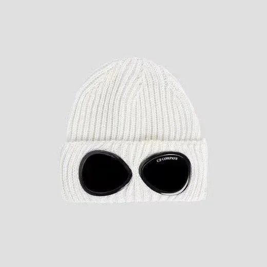 White Knit Beanie with Black Lens Detail