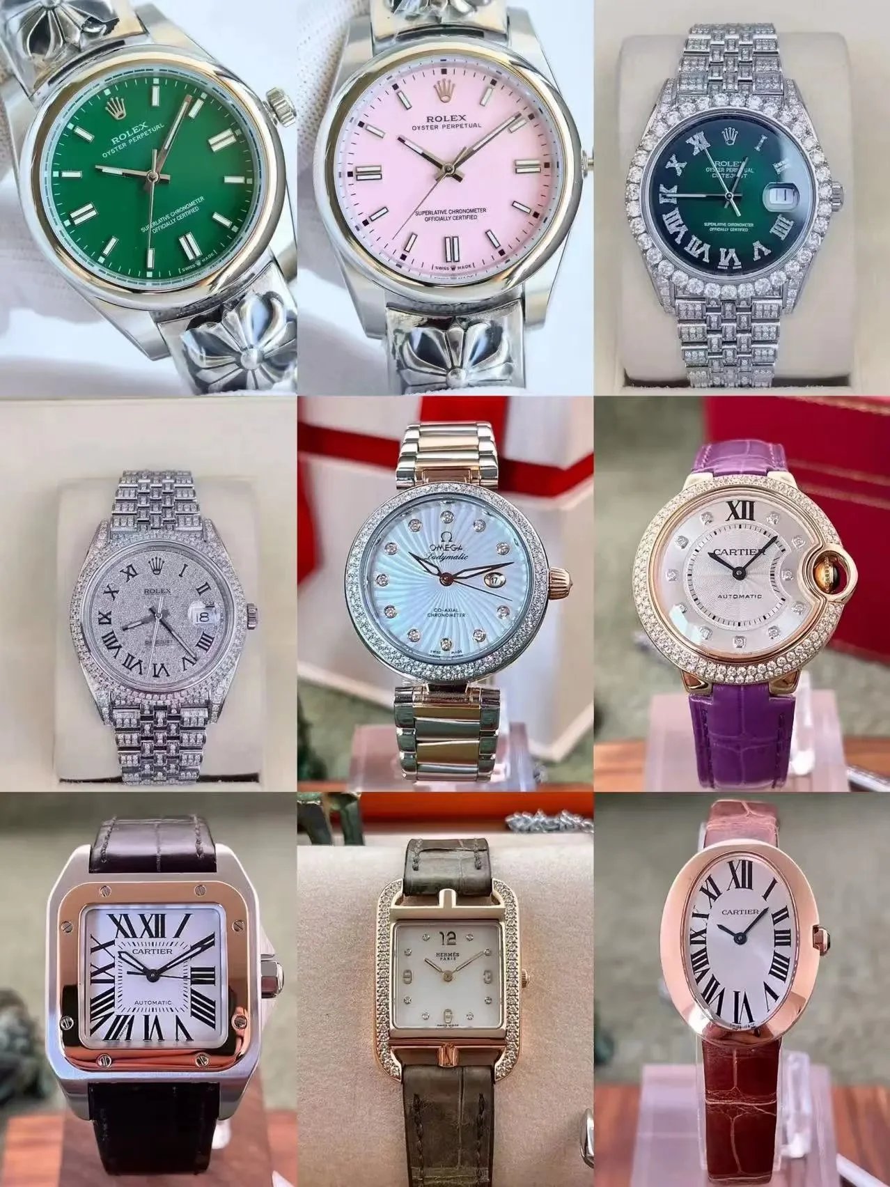 Luxury Rolex Oyster Perpetual Watch with Green Pink Dial and Diamond Bezel