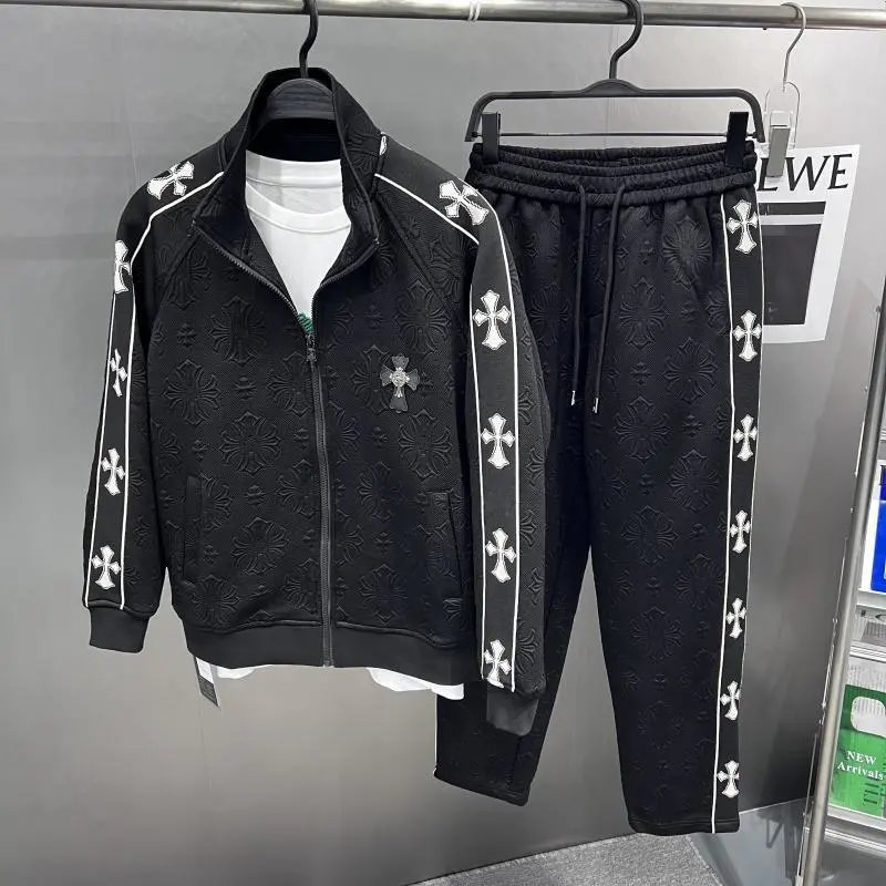 Black Embroidered Cross Track Suit Set Men's Sportswear Jacket and Pants