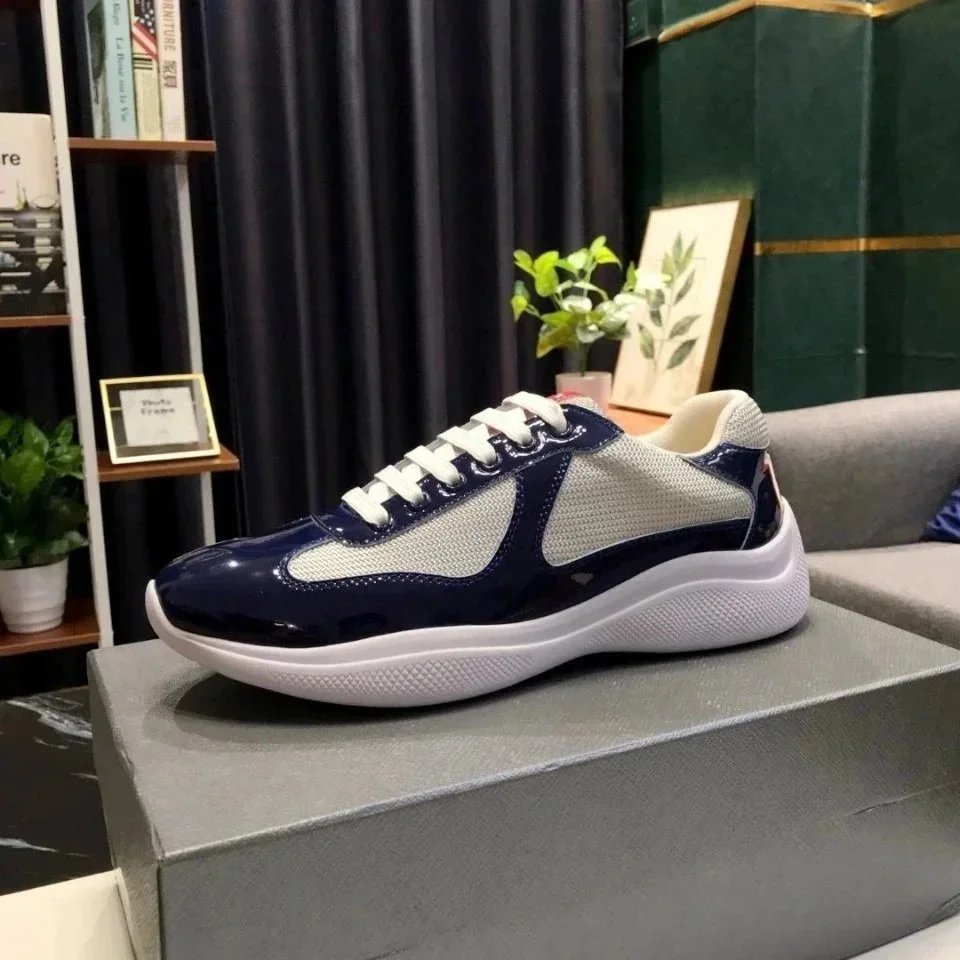 Blue and White Mesh Sneakers with Glossy Patent Leather Details