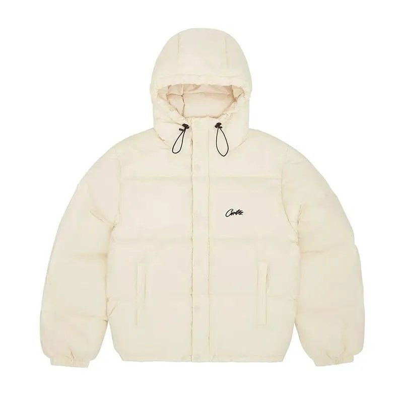 Cream Color Puffer Jacket with Hood and Logo Embroidery