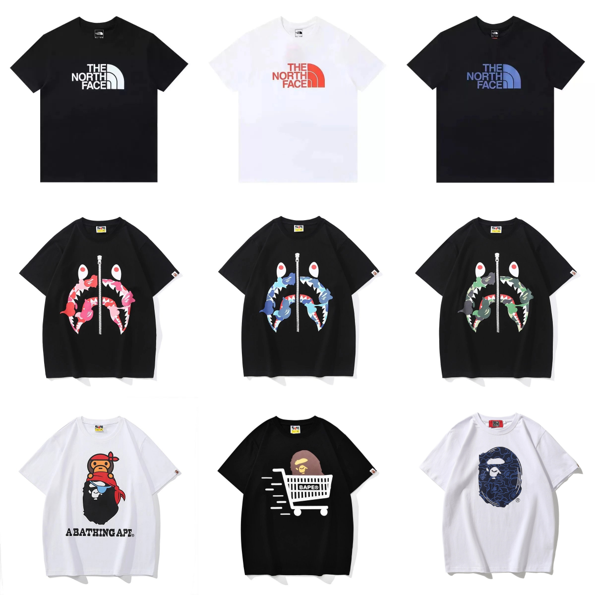 A Bathing Ape T-Shirts with猿图案 and The North Face Logo