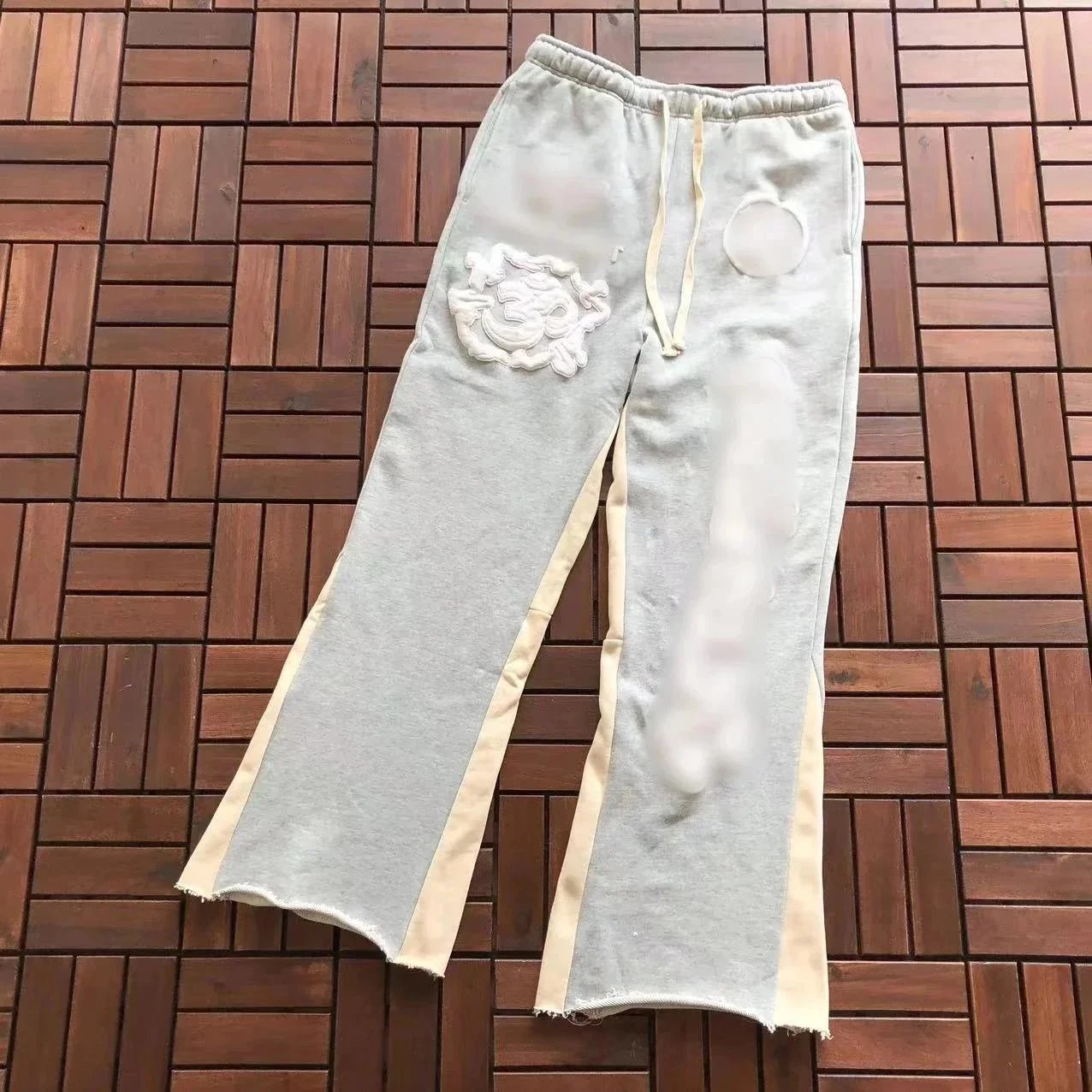 Gray Embroidered Wide Leg Sweatpants with Side Stripes