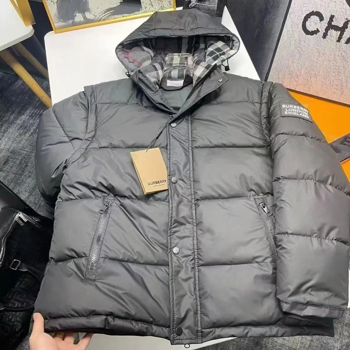 Burberry Men's Gray Hooded Puffer Jacket with Check Lining