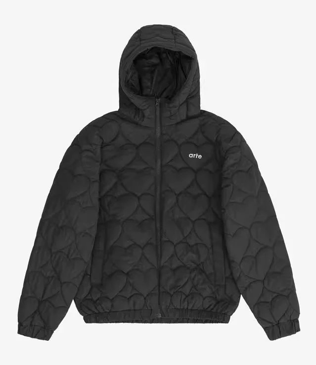 Black Heart Quilted Hooded Jacket for Women