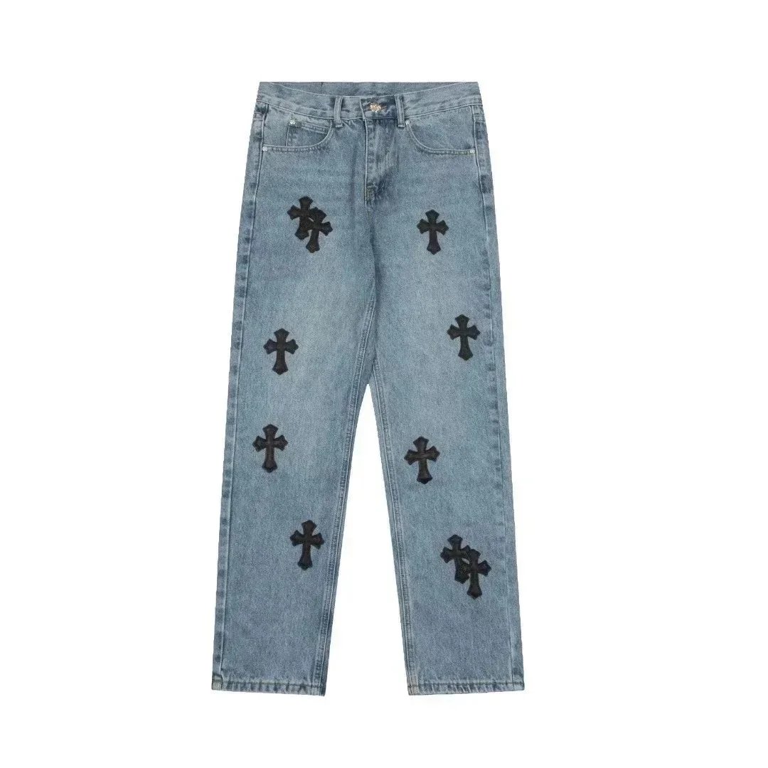 Light Blue Denim Jeans with Black Cross Patches