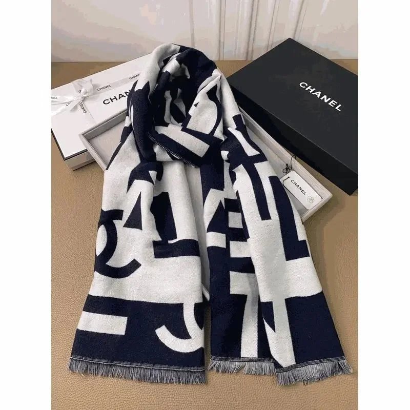 CHANEL Classic Logo Print Wool Scarf
