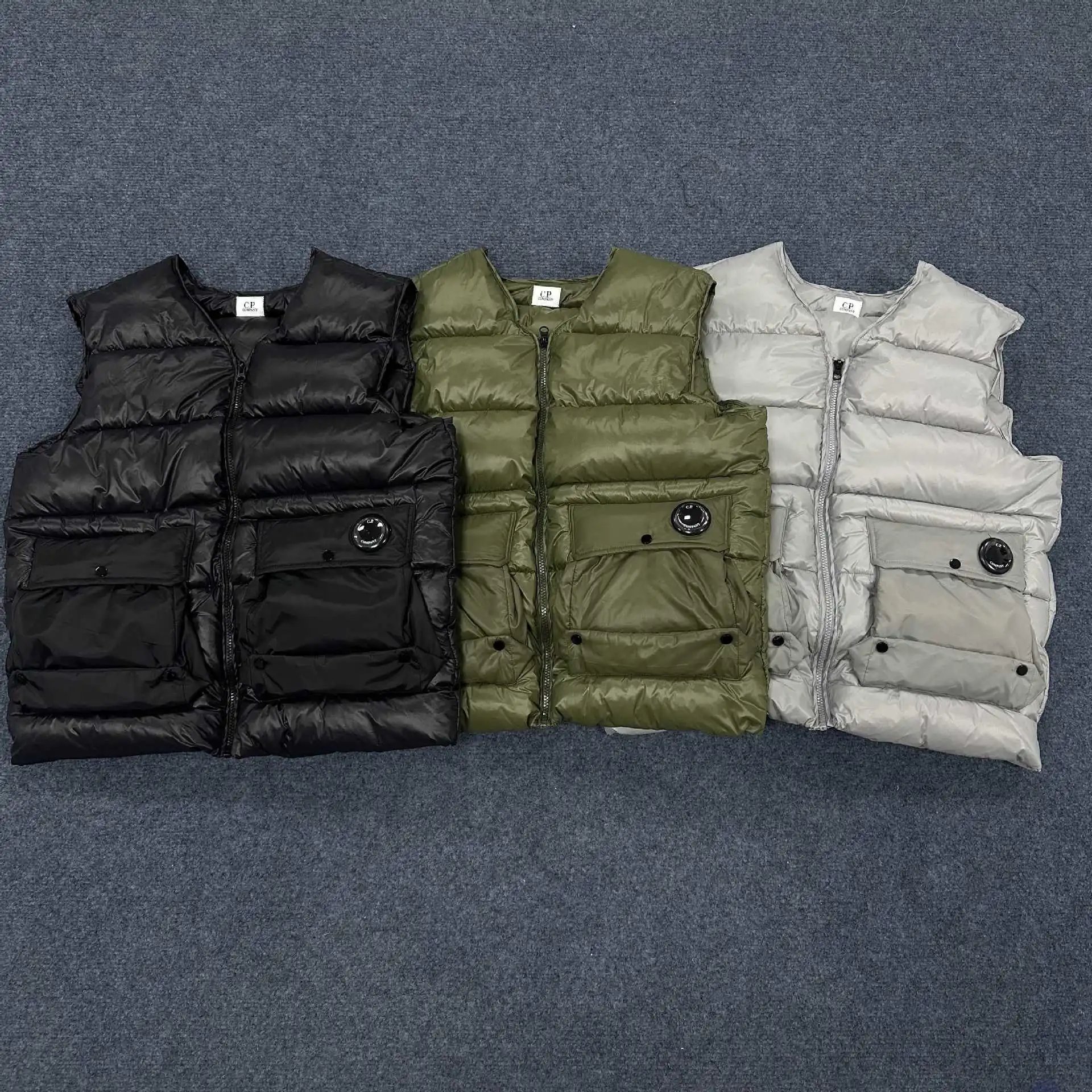 C.P. Men's Quilted Down Vest in Black Green and Gray