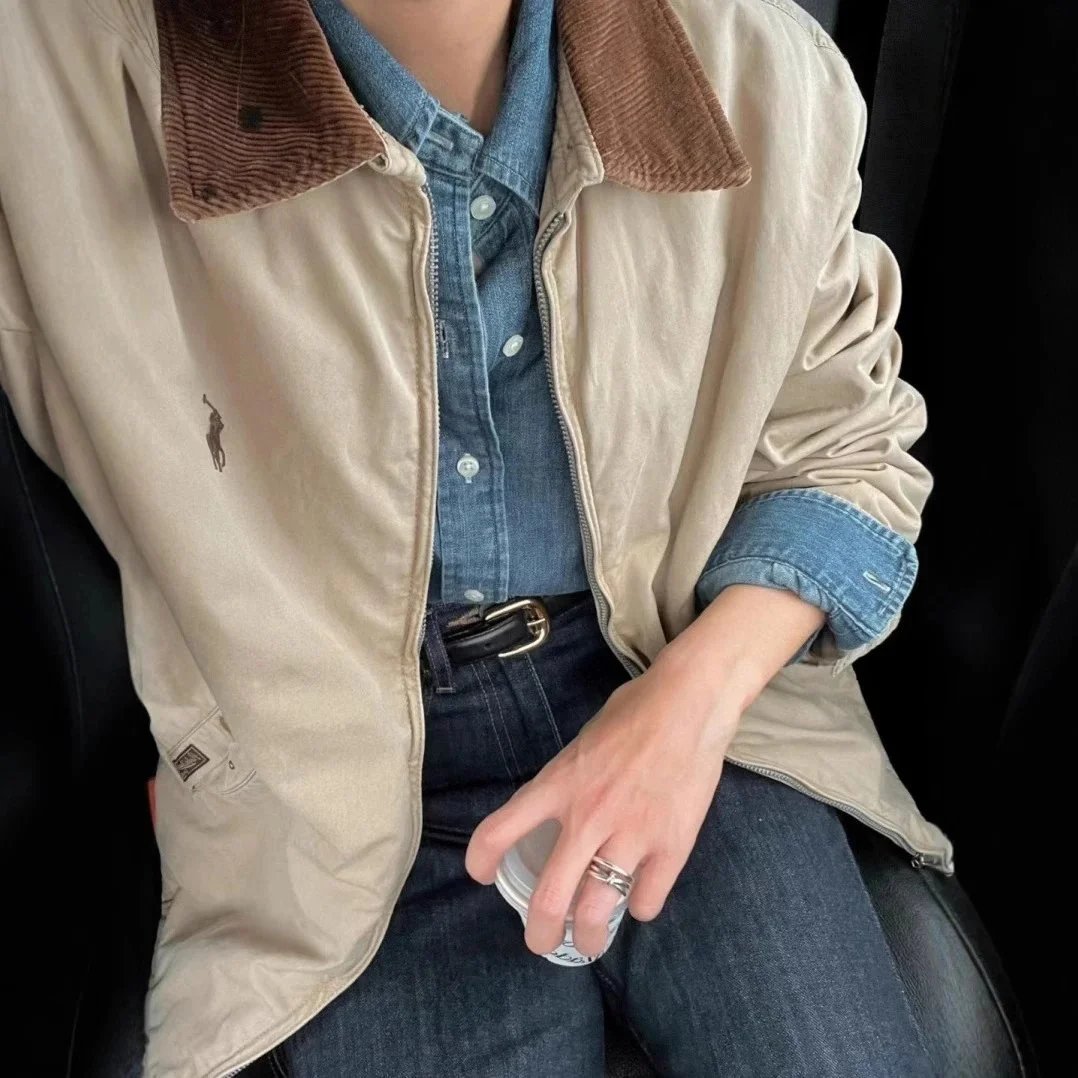 （BestQua…）2025春季新款RL中古灯芯绒翻领夹克男女美式复古马标宽松外套