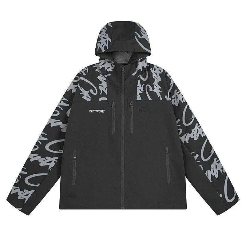 ELITEWORK Black Hooded Jacket with Graffiti Print Design