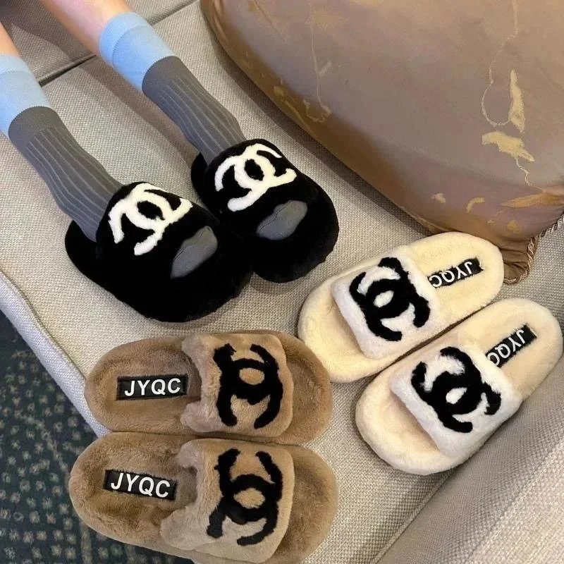 Fuzzy Logo Slides Plush Slip-Ons for Women and Men