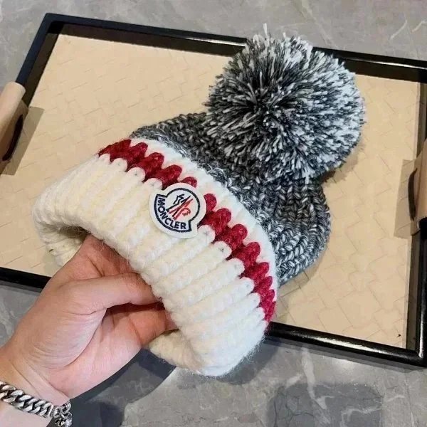 Moncler Knit Beanie Hat with Pom Pom and Logo Patch