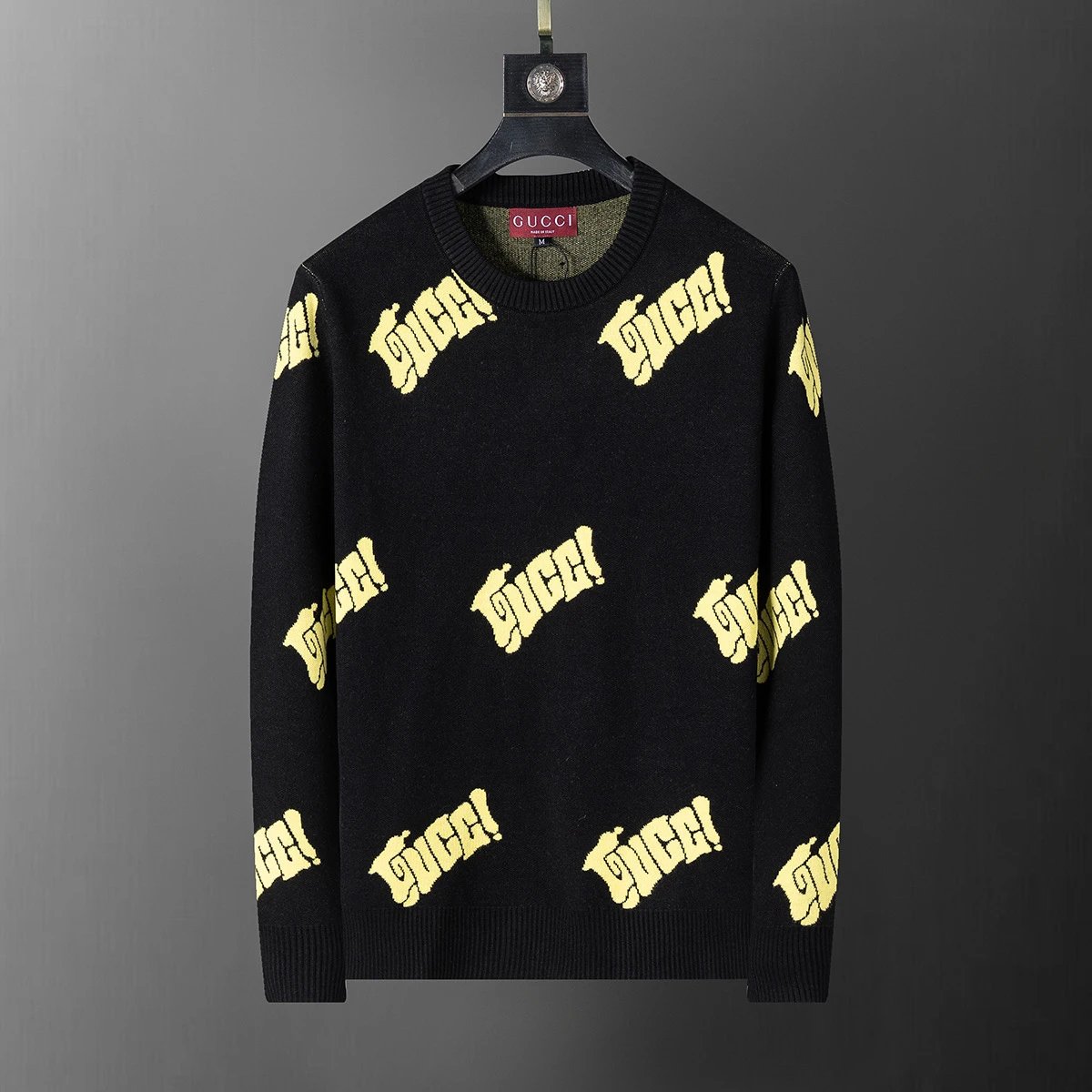 Gucci Black Knit Sweater with Yellow Logo Pattern