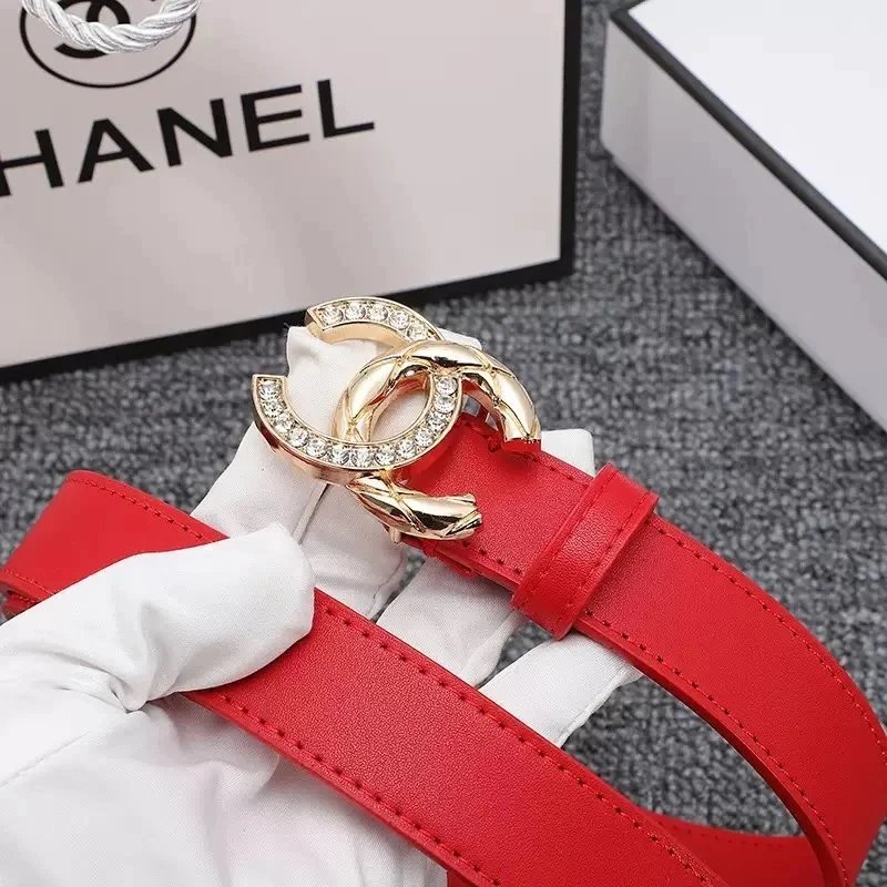 Chanel Red Leather Belt with Gold CC Logo Buckle