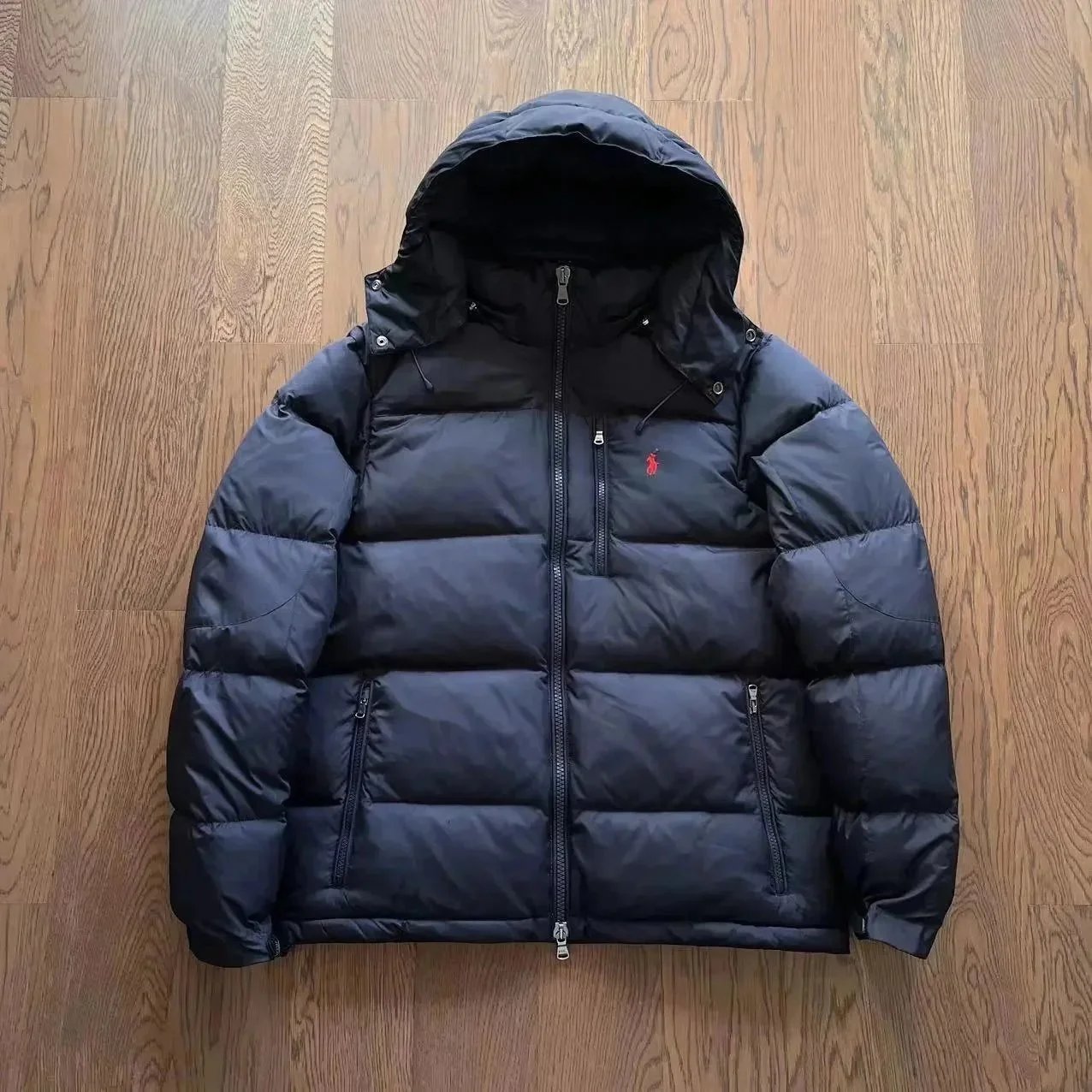 Black Hooded Down Jacket with Red Pony Logo