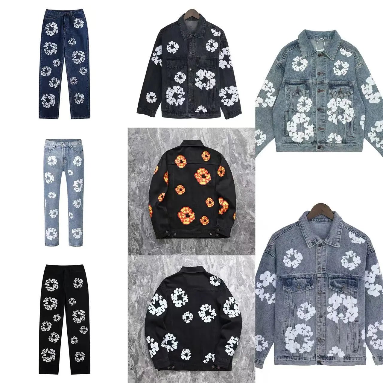 Floral Printed Denim Jacket and Pants Set
