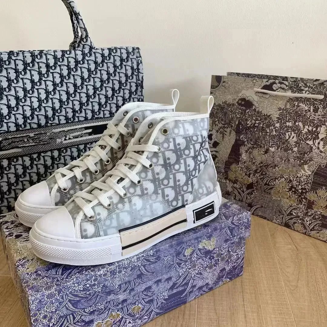 Dior Oblique High Top Sneakers White Gray Pattern